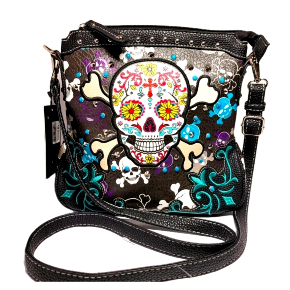 Cowgirl Trendy Black Cross Body Handbags Purse Studded Skull Shoulder Bags NWT